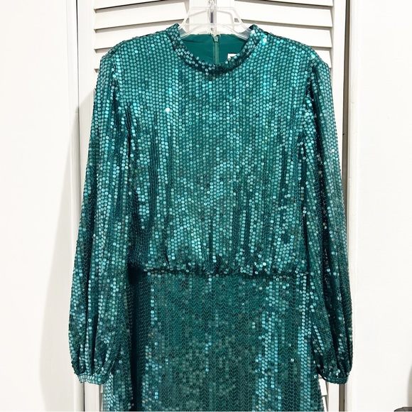Whistles Dena Teal Sequin Long Sleeve Mini Dress Size US 14 - Picture 5 of 12